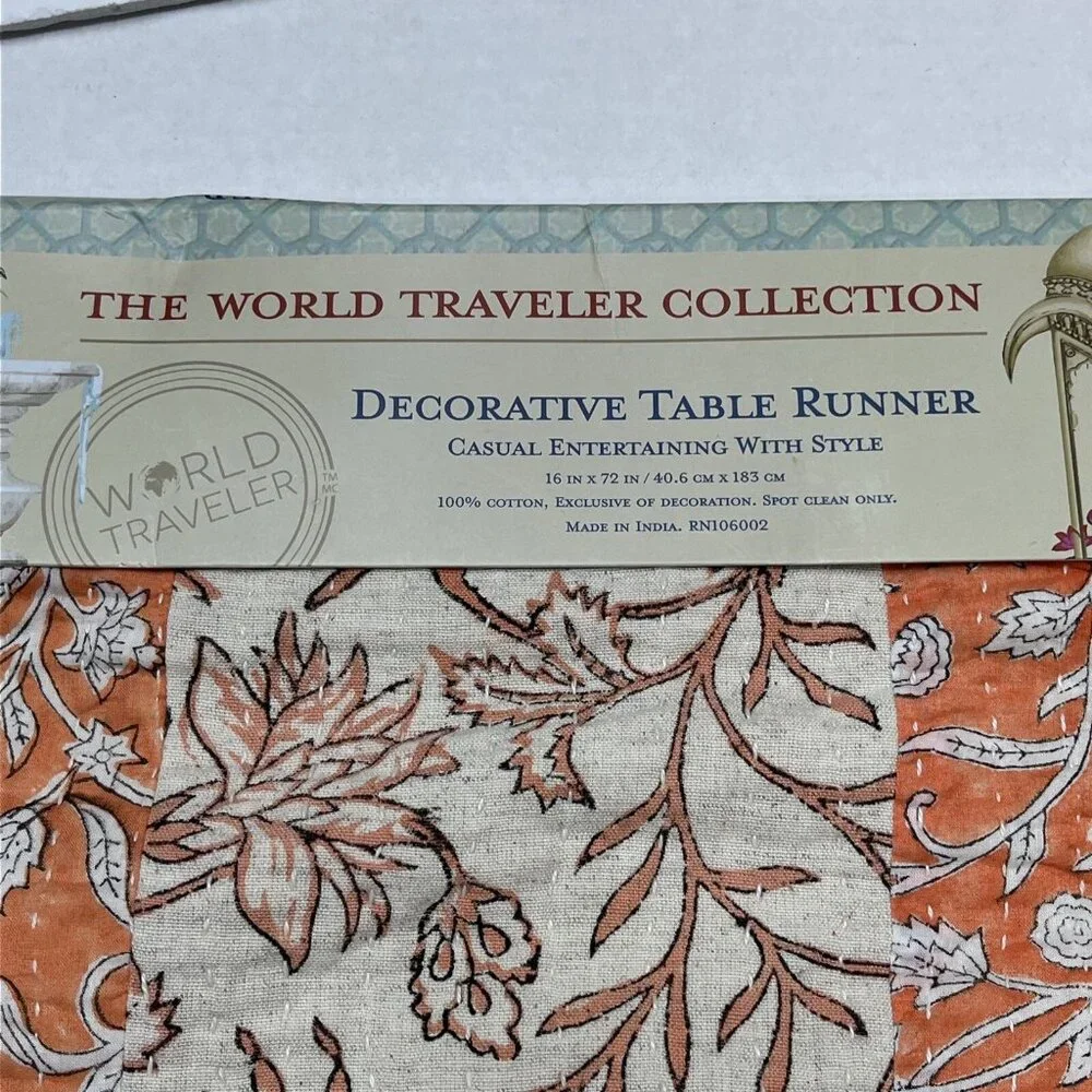 World Traveler Table Runner Muted Orange‎ Cream Floral Patchwork 16x72 Boho